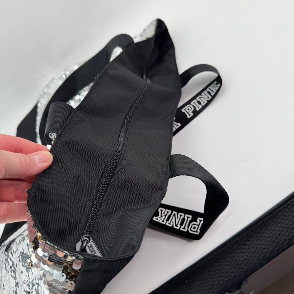 NWOT PINK By Victoria Secret Sequin Tote Bag Silver‎ Black Spellout straps - Picture 6 of 15